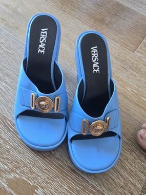 Versace Women's Blue Slide Sandals with Gold Medallion